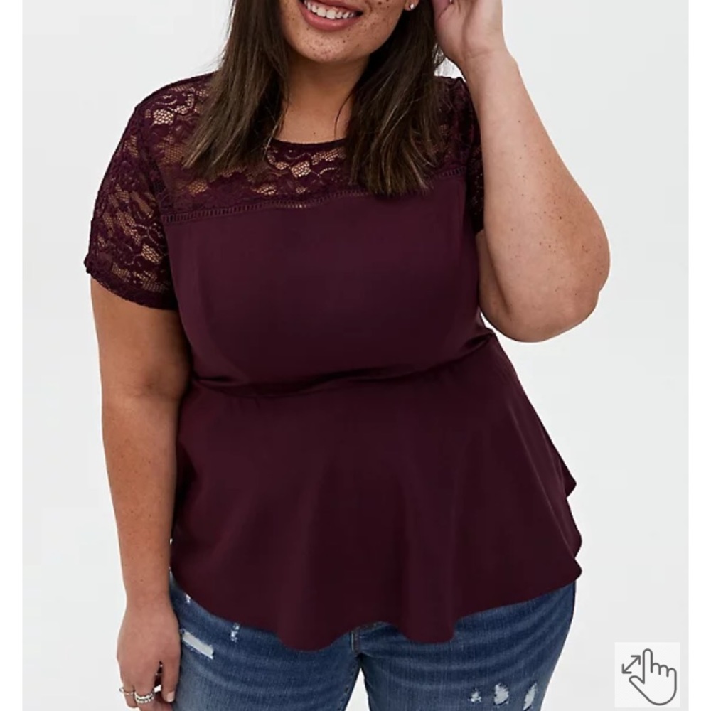 Torrid burgundy crepe and lace peplum top!